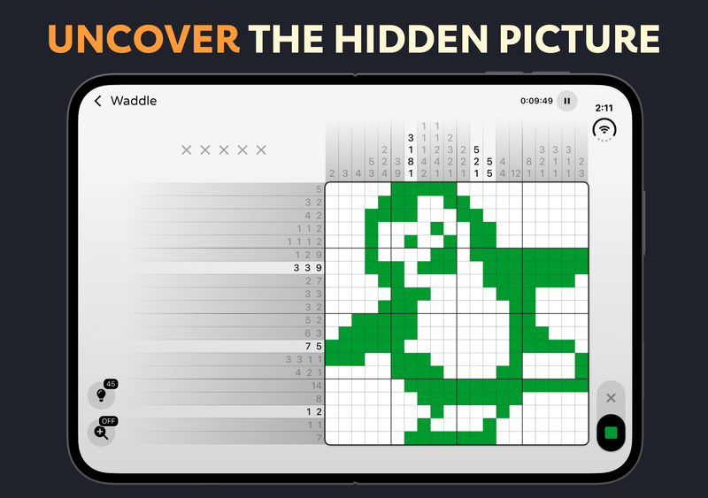 Pixelogic puzzle 'Waddle' on the iPhone Duo's unfolded display
